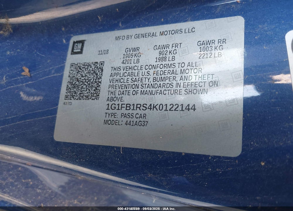 2019 CHEVROLET CAMARO 1LT VIN: 1G1FB1RS4K0122144