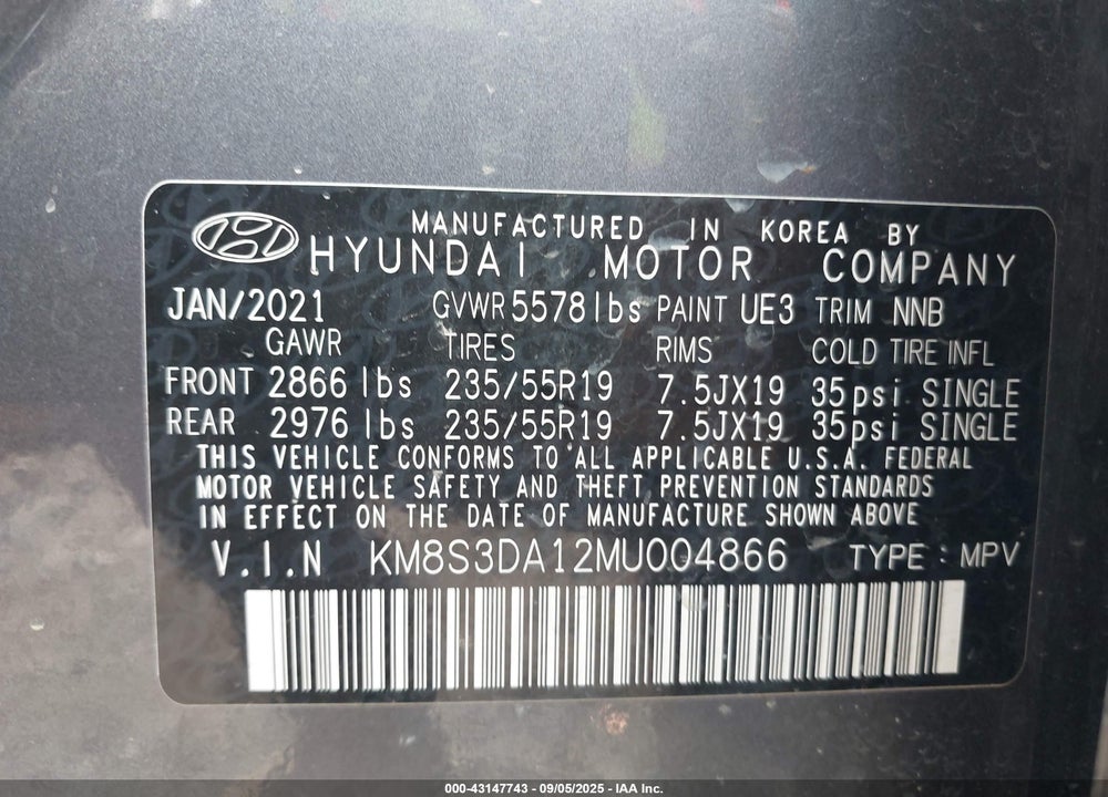 2021 HYUNDAI SANTA FE HYBRID VIN: KM8S3DA12MU004866