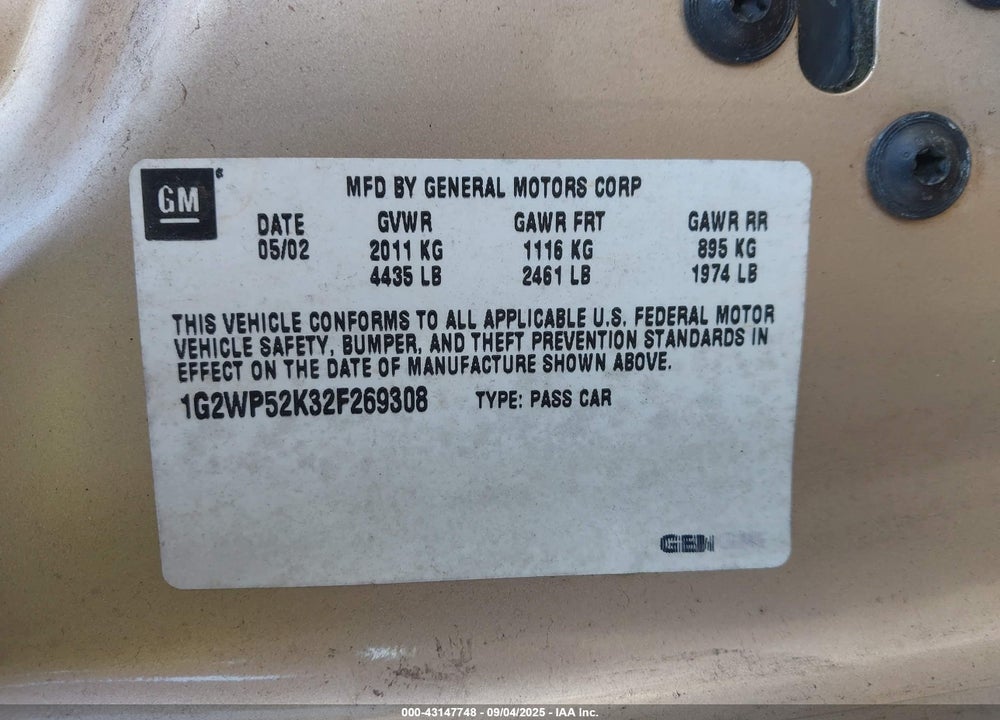 2002 PONTIAC GRAND PRIX GT VIN: 1G2WP52K32F269308