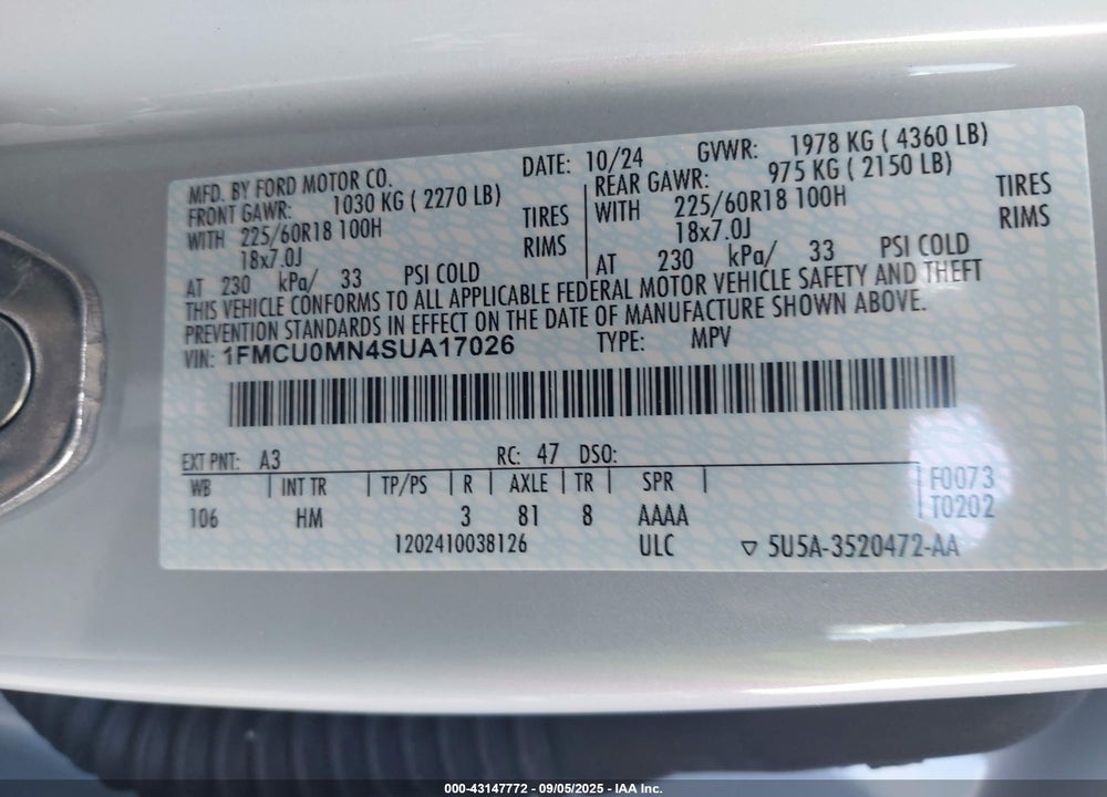 2025 FORD ESCAPE ST LINE VIN: 1FMCU0MN4SUA17026