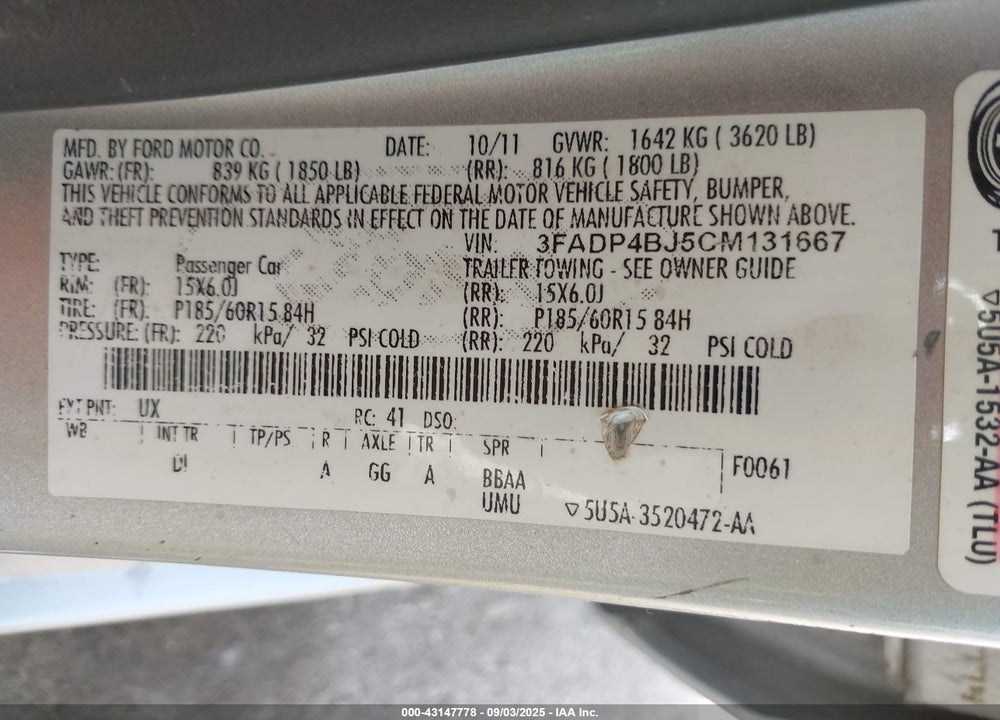 2012 FORD FIESTA VIN: 3FADP4BJ5CM131667