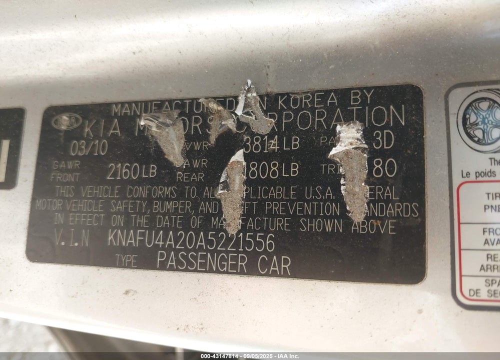 2010 KIA FORTE VIN: KNAFU4A20A5221556