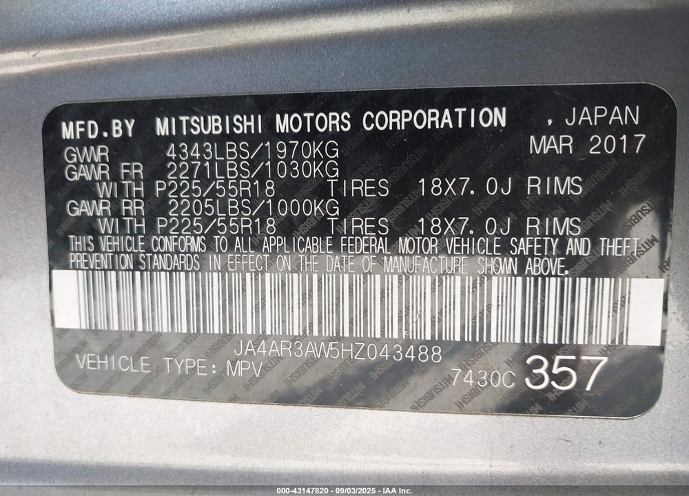 2017 MITSUBISHI OUTLANDER SPORT VIN: JA4AR3AW5HZ043488