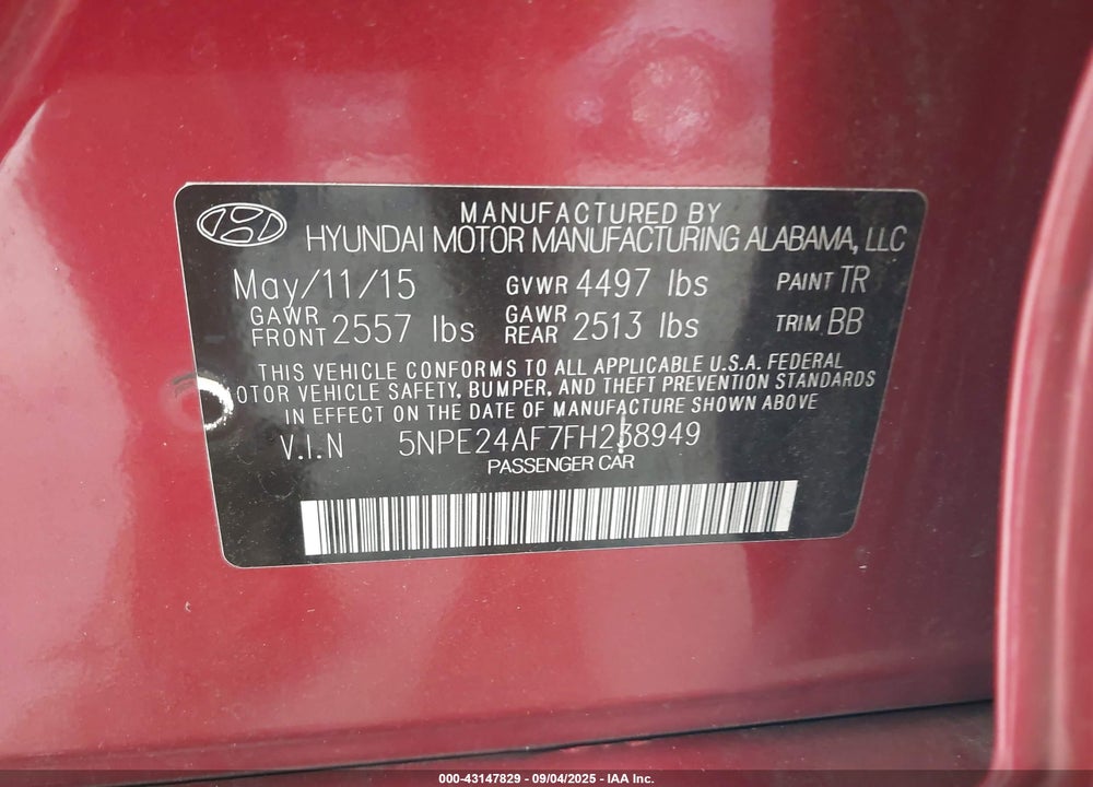 2015 HYUNDAI SONATA VIN: 5NPE24AF7FH238949