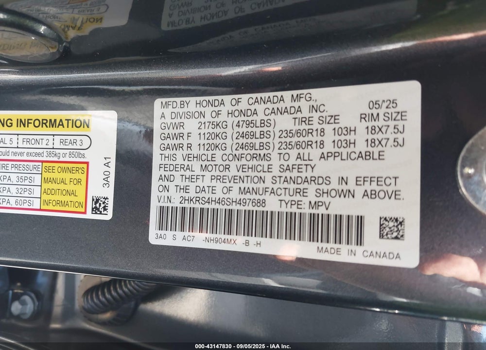 2025 HONDA CR-V EX AWD VIN: 2HKRS4H46SH497688