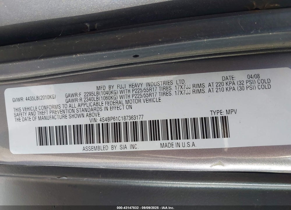 2008 SUBARU OUTBACK 2.5I/2.5I L.L. BEAN EDITION VIN: 4S4BP61C187363177