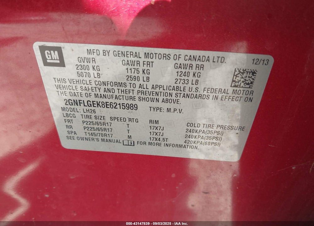 2014 CHEVROLET EQUINOX VIN: 2GNFLGEK8E6215989