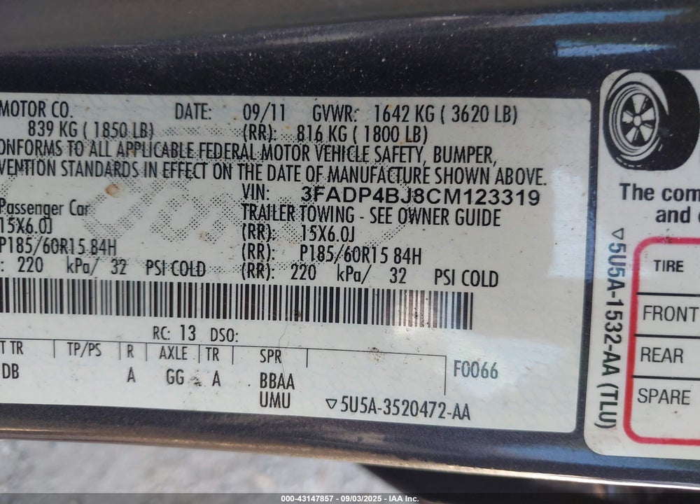 2012 FORD FIESTA VIN: 3FADP4BJ8CM123319