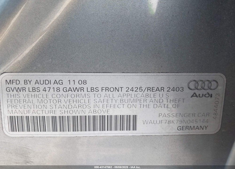 2009 AUDI A4 VIN: WAUJF78K79N045144