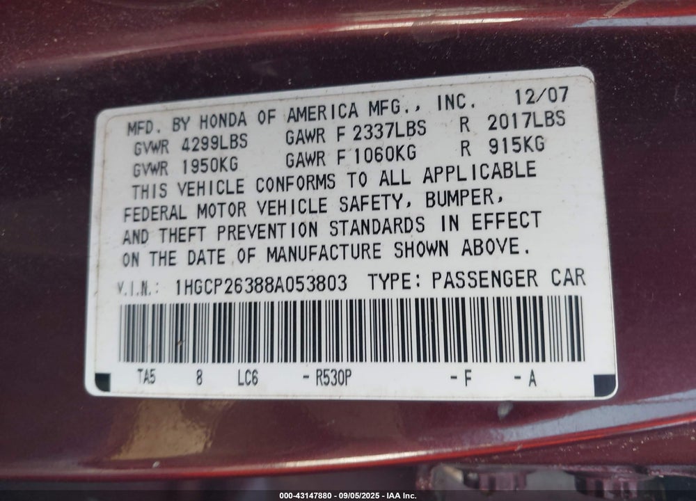 2008 HONDA ACCORD VIN: 1HGCP26388A053803