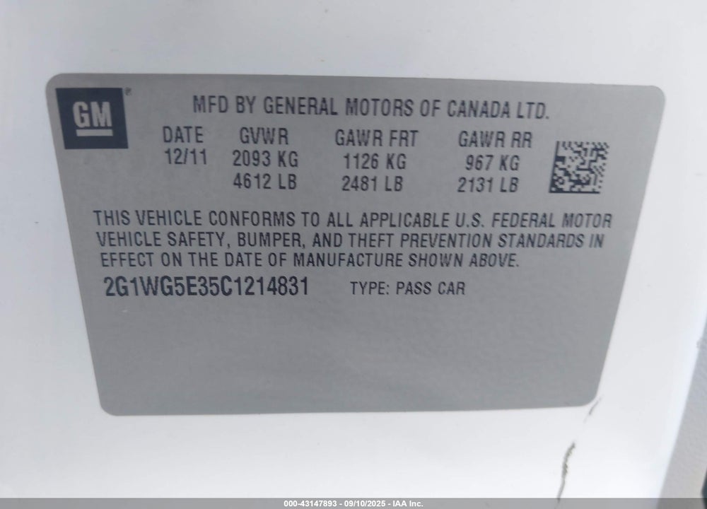 2012 CHEVROLET IMPALA VIN: 2G1WG5E35C1214831