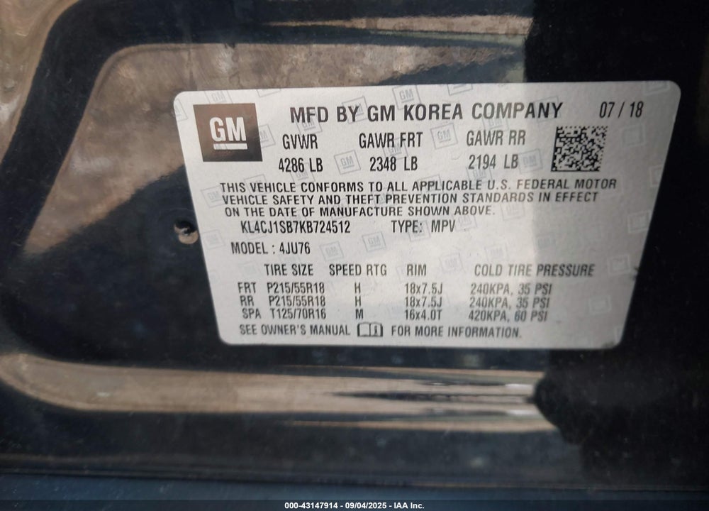 2019 BUICK ENCORE VIN: KL4CJ1SB7KB724512