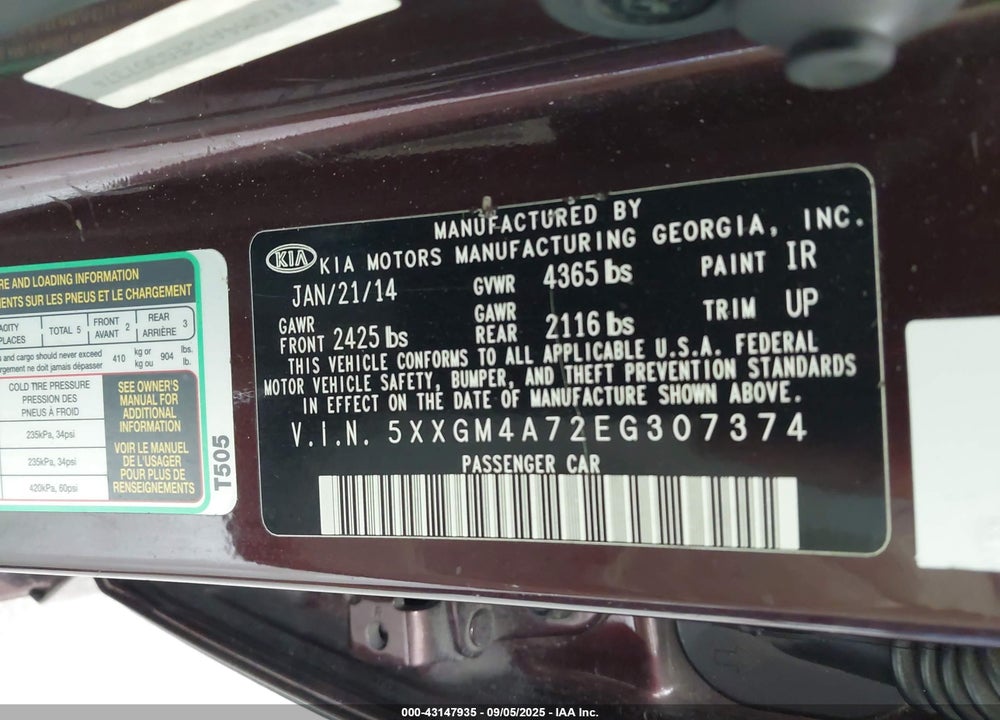2014 KIA OPTIMA LX VIN: 5XXGM4A72EG307374