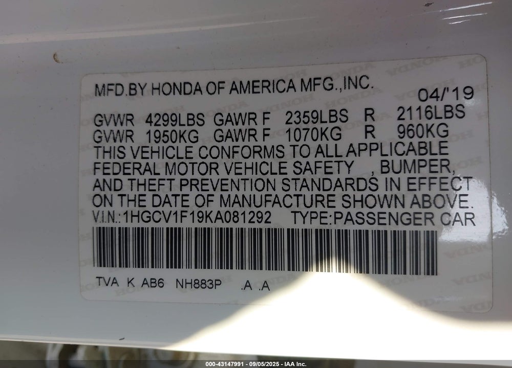 2019 HONDA ACCORD VIN: 1HGCV1F19KA081292