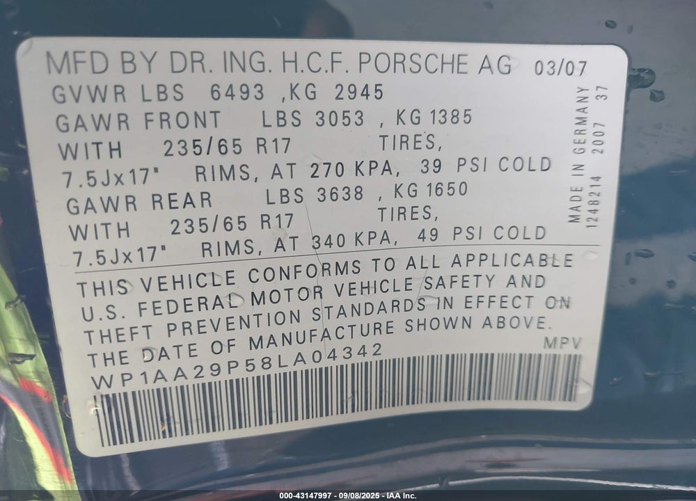 2008 PORSCHE CAYENNE VIN: WP1AA29P58LA04342