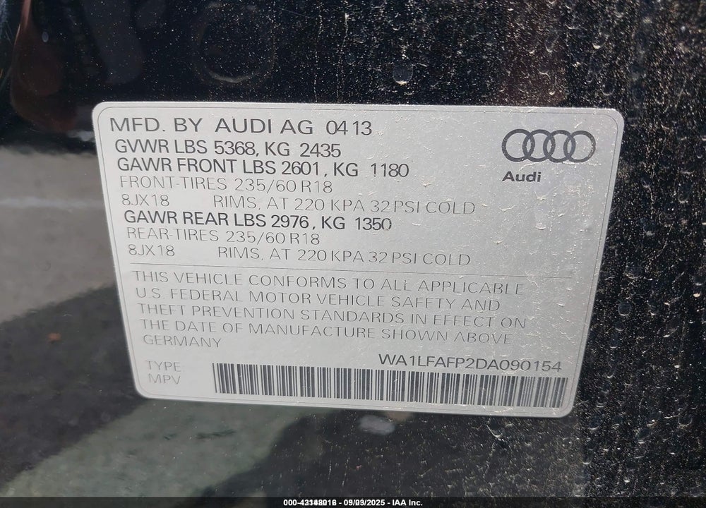 2013 AUDI Q5 VIN: WA1LFAFP2DA090154