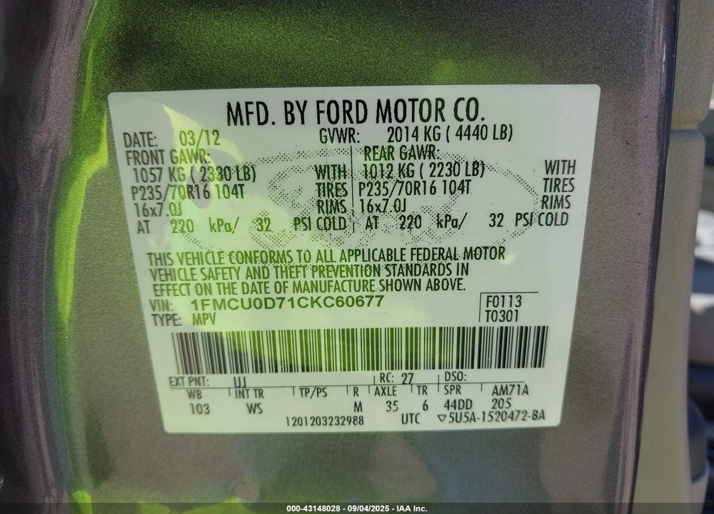 2012 FORD ESCAPE VIN: 1FMCU0D71CKC60677