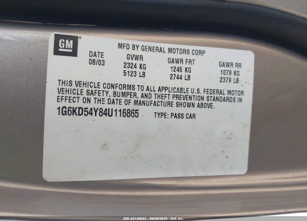 2004 CADILLAC DEVILLE STANDARD VIN: 1G6KD54Y84U116865