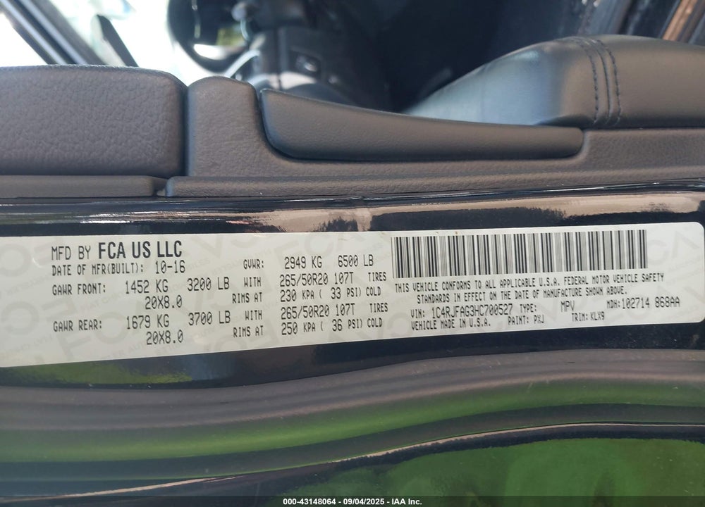 2017 JEEP GRAND CHEROKEE VIN: 1C4RJFAG3HC700527