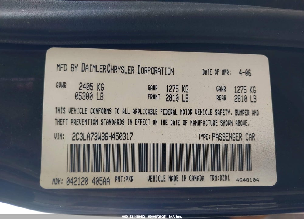 2006 CHRYSLER 300C SRT8 VIN: 2C3LA73W36H450317