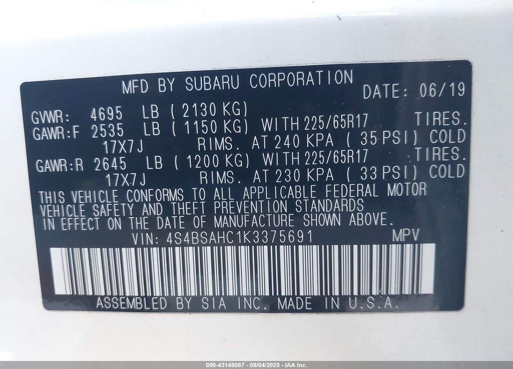 2019 SUBARU OUTBACK VIN: 4S4BSAHC1K3375691