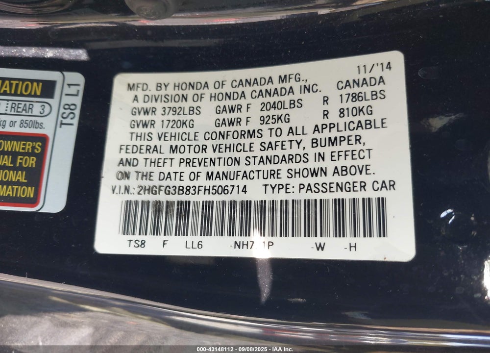 2015 HONDA CIVIC VIN: 2HGFG3B83FH506714