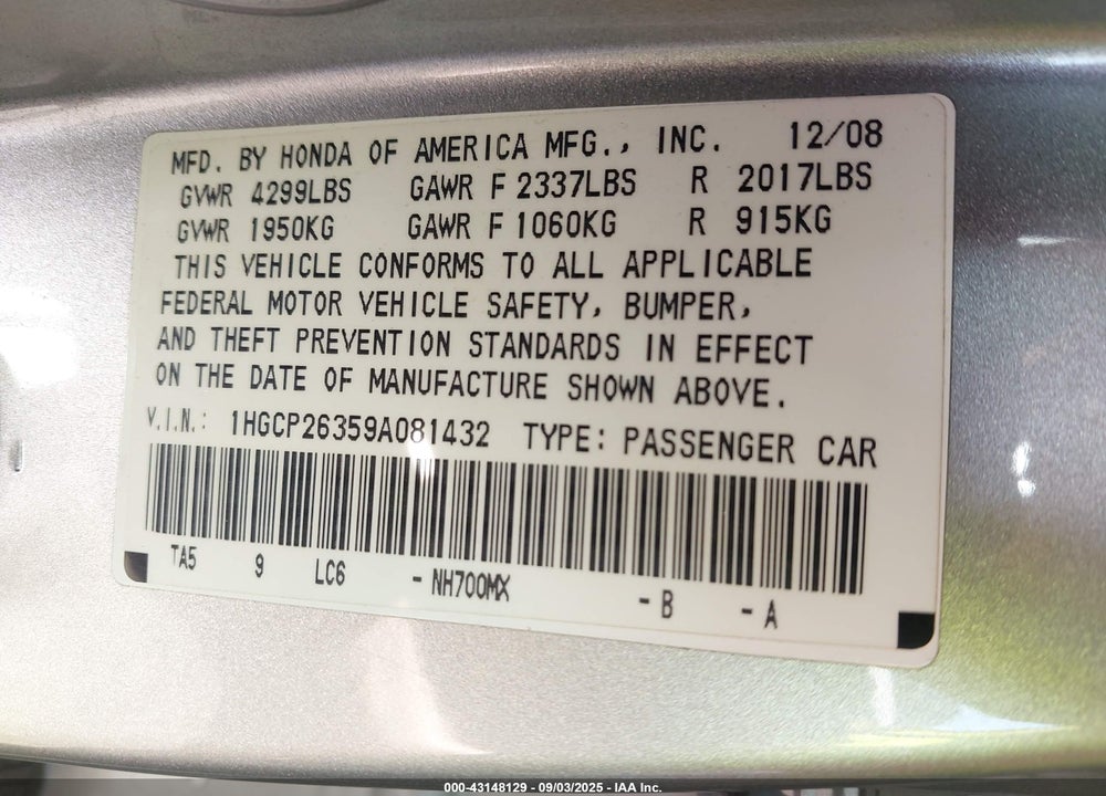 2009 HONDA ACCORD VIN: 1HGCP26359A081432