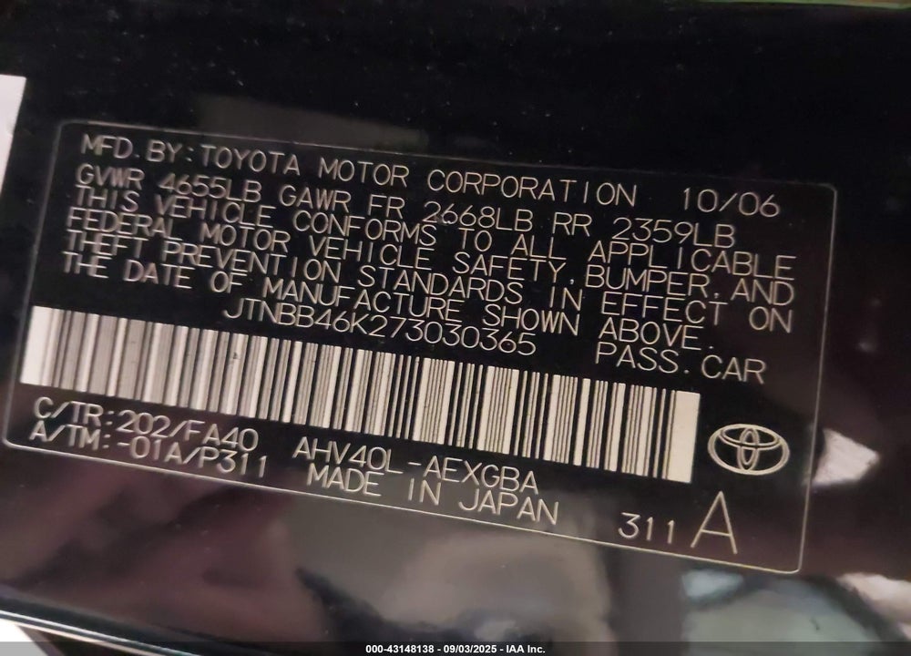 2007 TOYOTA CAMRY HYBRID VIN: JTNBB46K273030365