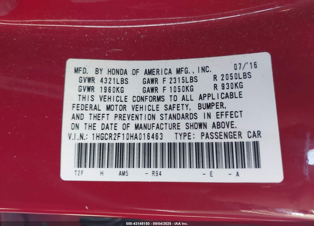 2017 HONDA ACCORD VIN: 1HGCR2F10HA016463
