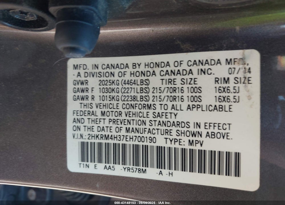 2014 HONDA CR-V VIN: 2HKRM4H37EH700190