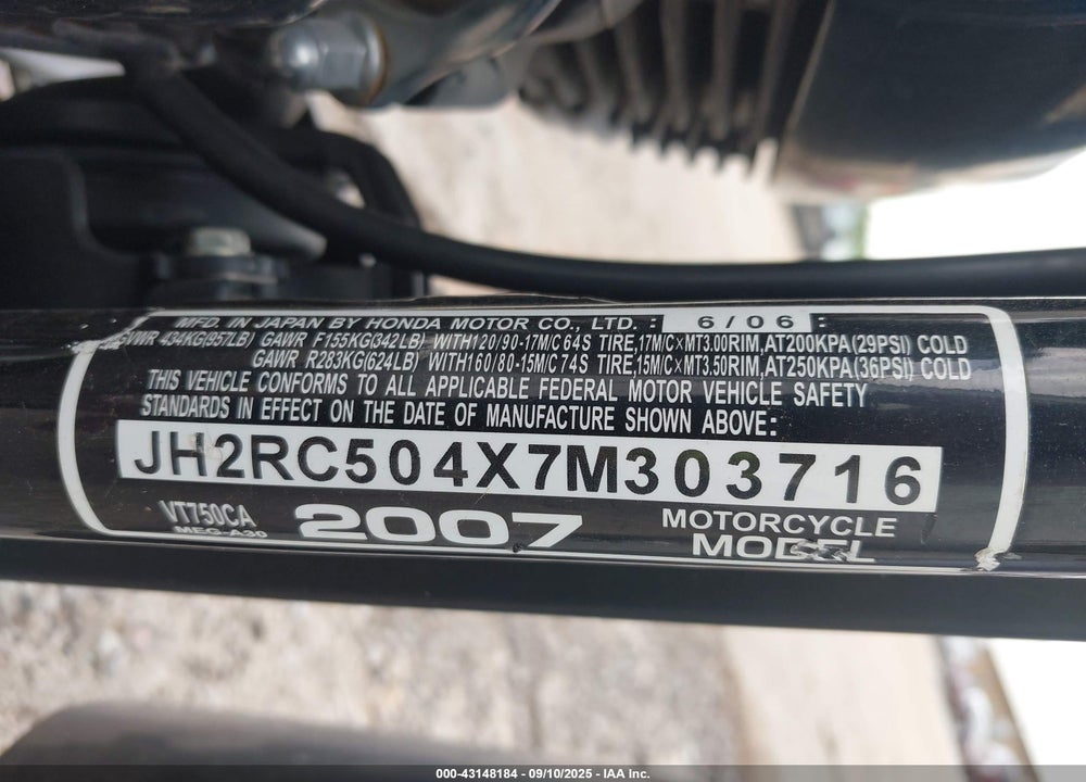 2007 HONDA VT750 VIN: JH2RC504X7M303716