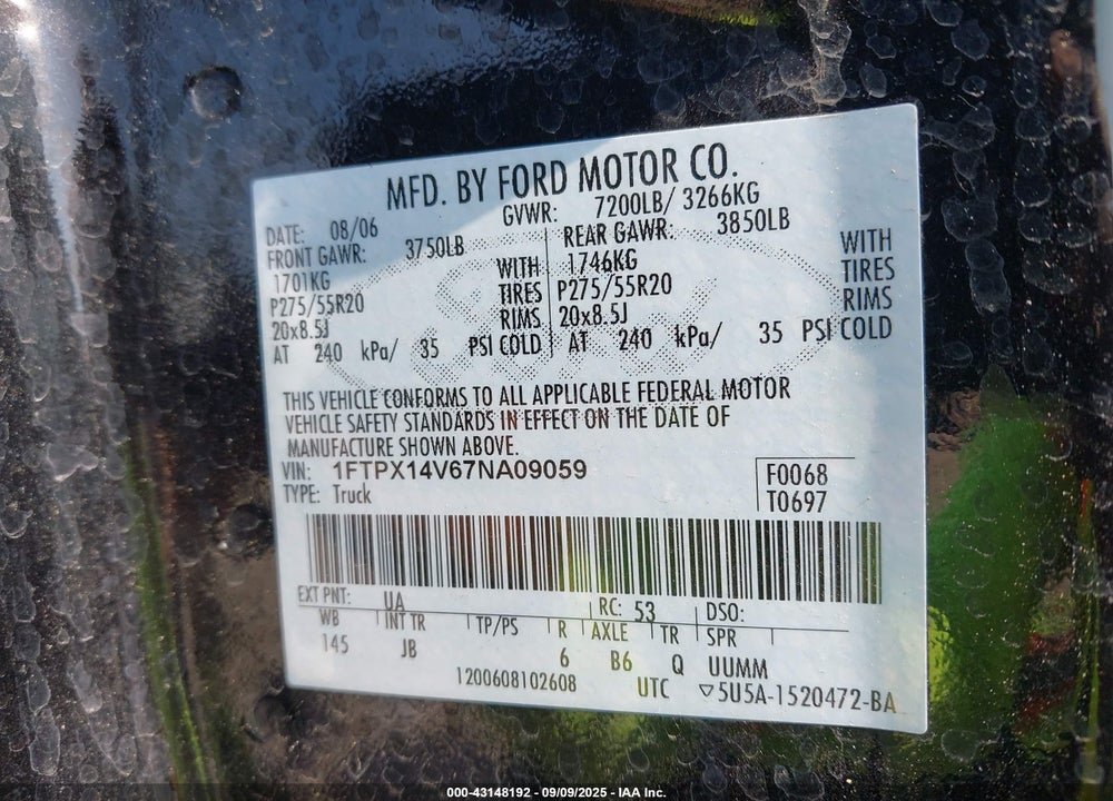 2007 FORD F-150 FX4/LARIAT/XL/XLT VIN: 1FTPX14V67NA09059