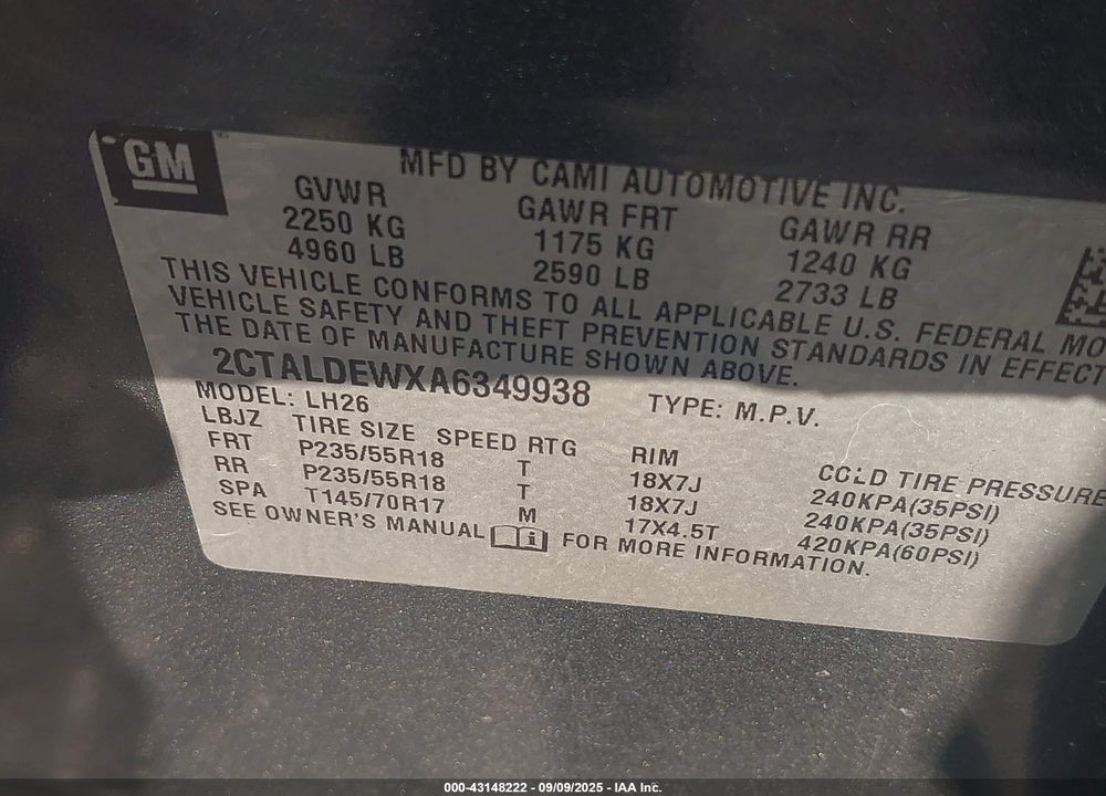 2010 GMC TERRAIN SLE-2 VIN: 2CTALDEWXA6349938