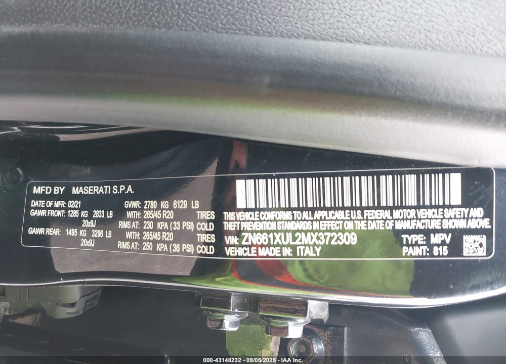2021 MASERATI LEVANTE VIN: ZN661XUL2MX372309