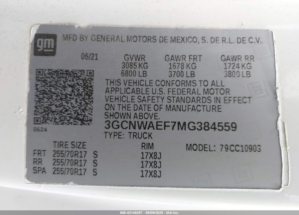 2021 CHEVROLET SILVERADO 1500 2WD LONG BED WT VIN: 3GCNWAEF7MG384559
