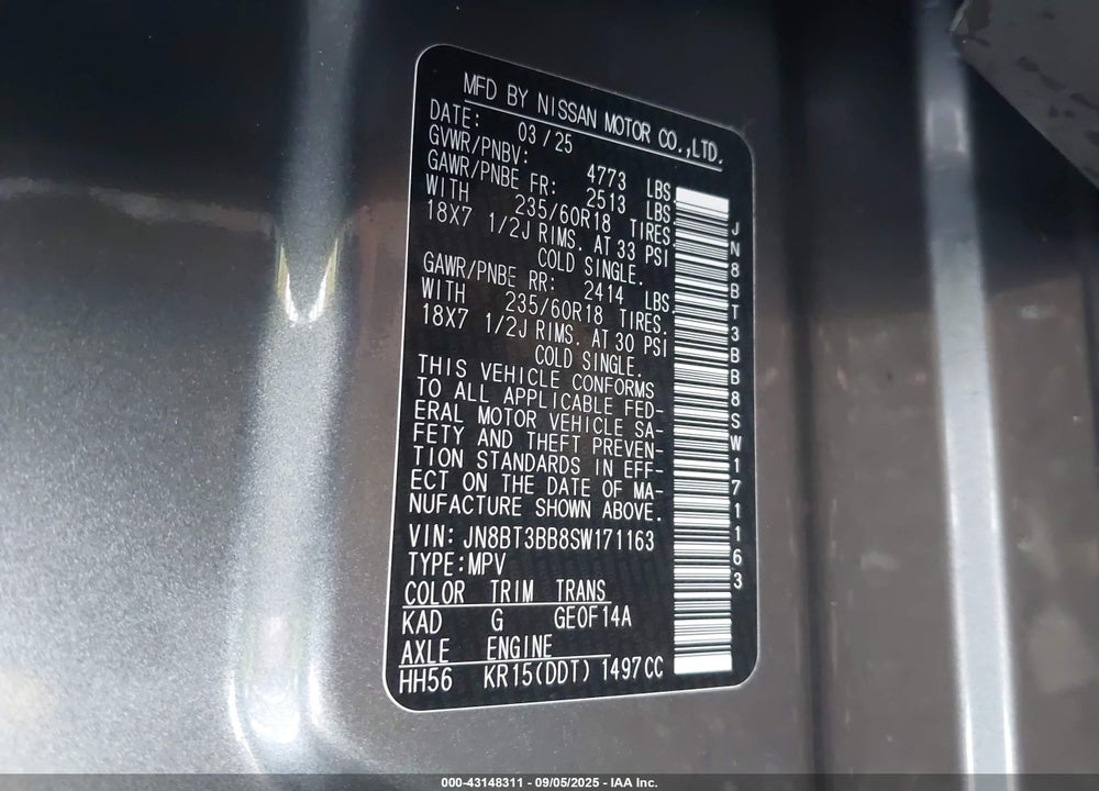 2025 NISSAN ROGUE VIN: JN8BT3BB8SW171163