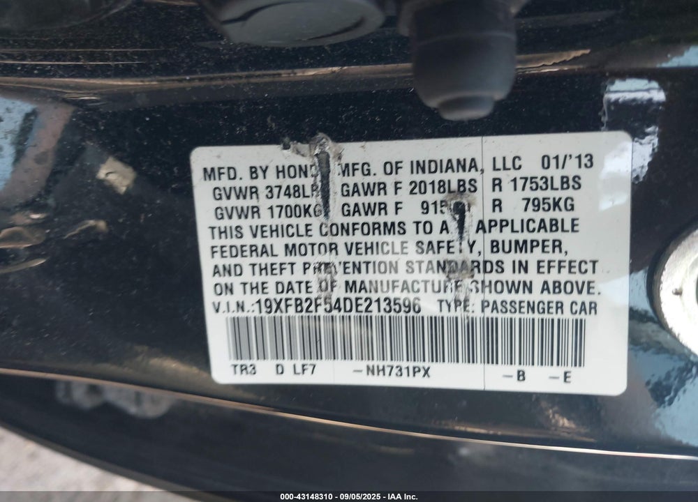 2013 HONDA CIVIC LX VIN: 19XFB2F54DE213596
