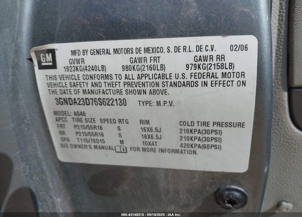 2006 CHEVROLET HHR LT VIN: 3GNDA23D76S622130
