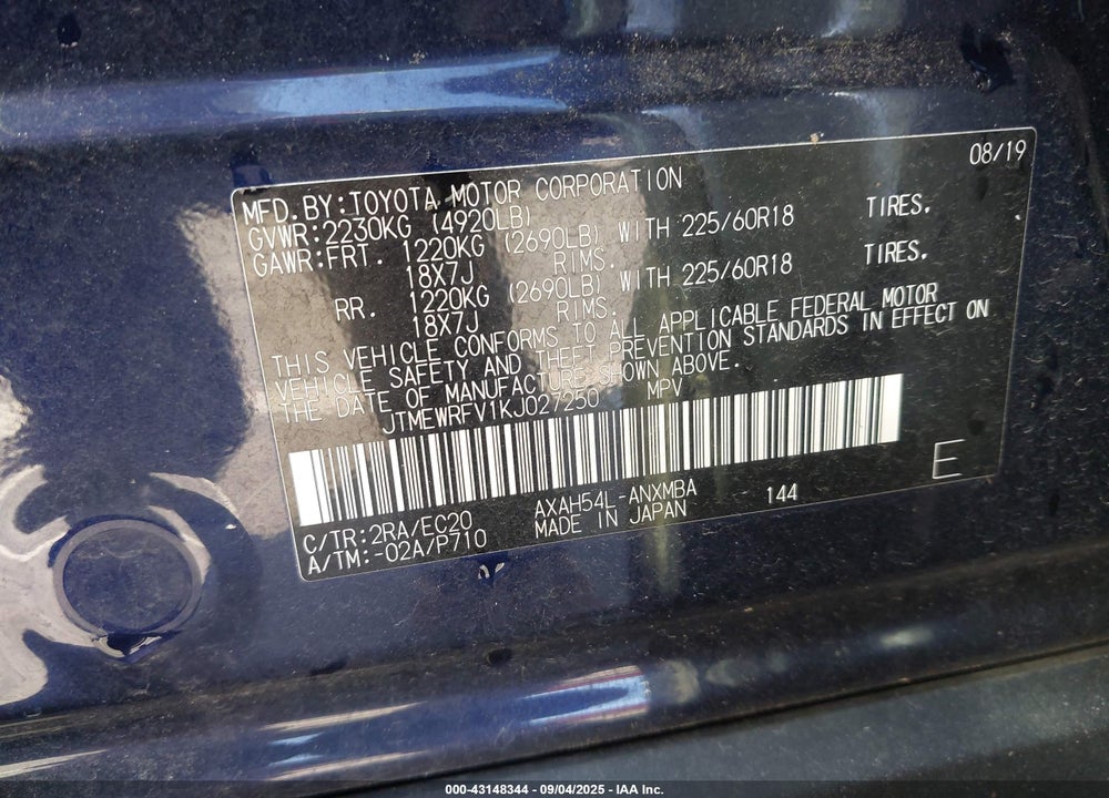 2019 TOYOTA RAV4 HYBRID VIN: JTMEWRFV1KJ027250
