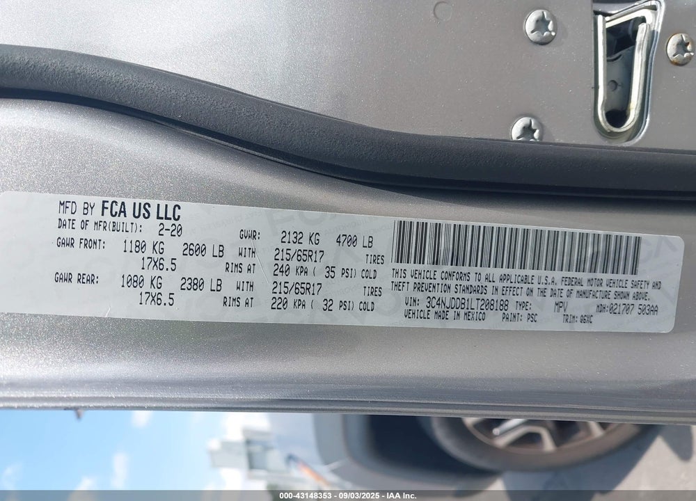 2020 JEEP COMPASS VIN: 3C4NJDDB1LT208188