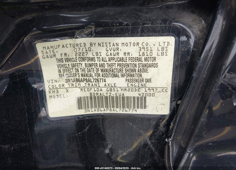 2010 NISSAN SENTRA VIN: 3N1AB6AP8AL726774