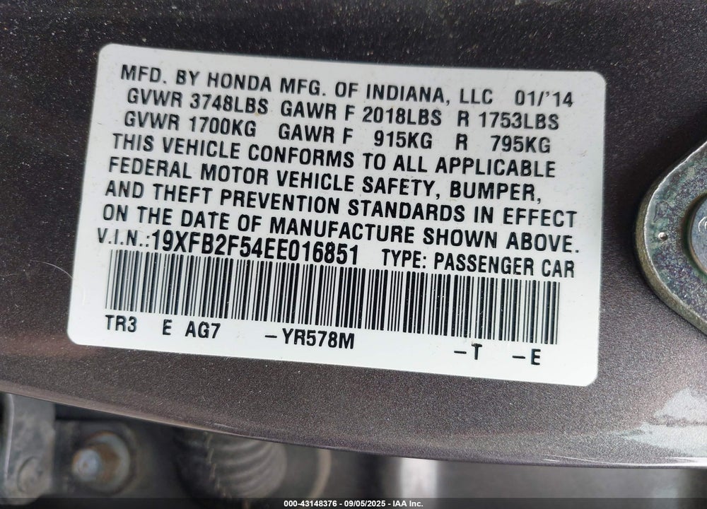 2014 HONDA CIVIC VIN: 19XFB2F54EE016851