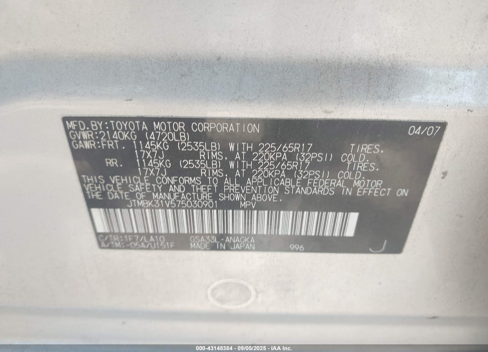 2007 TOYOTA RAV4 VIN: JTMBK31V575030901