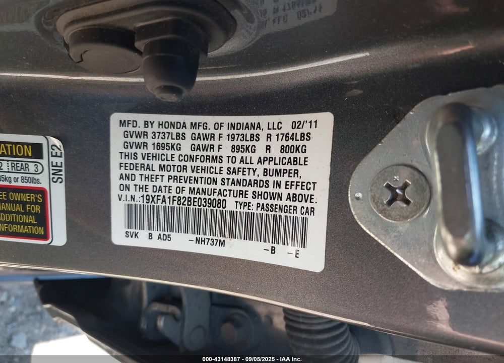 2011 HONDA CIVIC VIN: 19XFA1F82BE039080