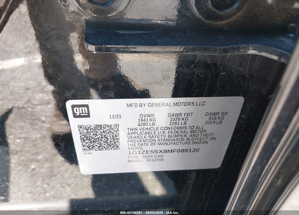 2021 CHEVROLET MALIBU VIN: 1G1ZE5SX8MF089120