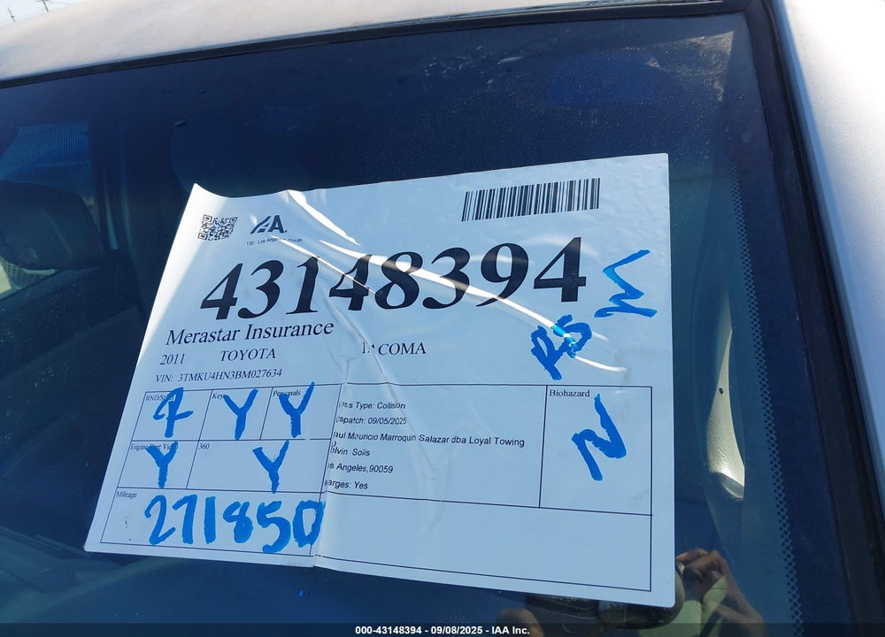 2011 TOYOTA TACOMA VIN: 3TMKU4HN3BM027634