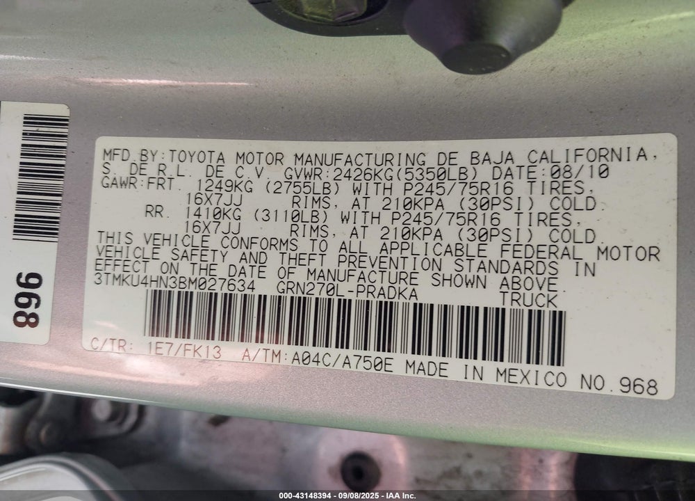 2011 TOYOTA TACOMA VIN: 3TMKU4HN3BM027634