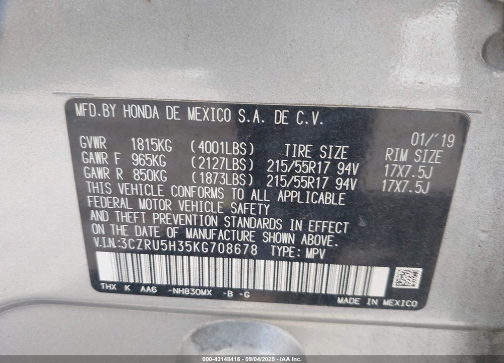 2019 HONDA HR-V VIN: 3CZRU5H35KG708678