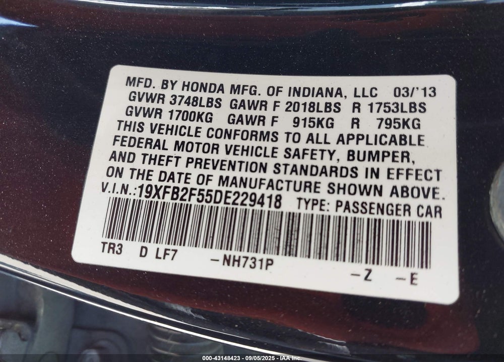 2013 HONDA CIVIC LX VIN: 19XFB2F55DE229418