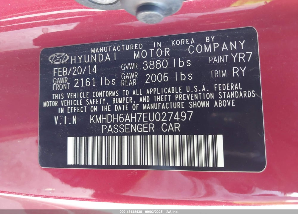 2014 HYUNDAI ELANTRA VIN: KMHDH6AH7EU027497